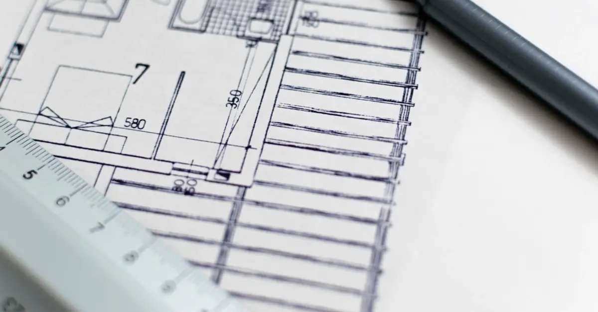 Part of an architectural plan with dimensions, a stair and a scale ruler, with a pen resting on the sheet
