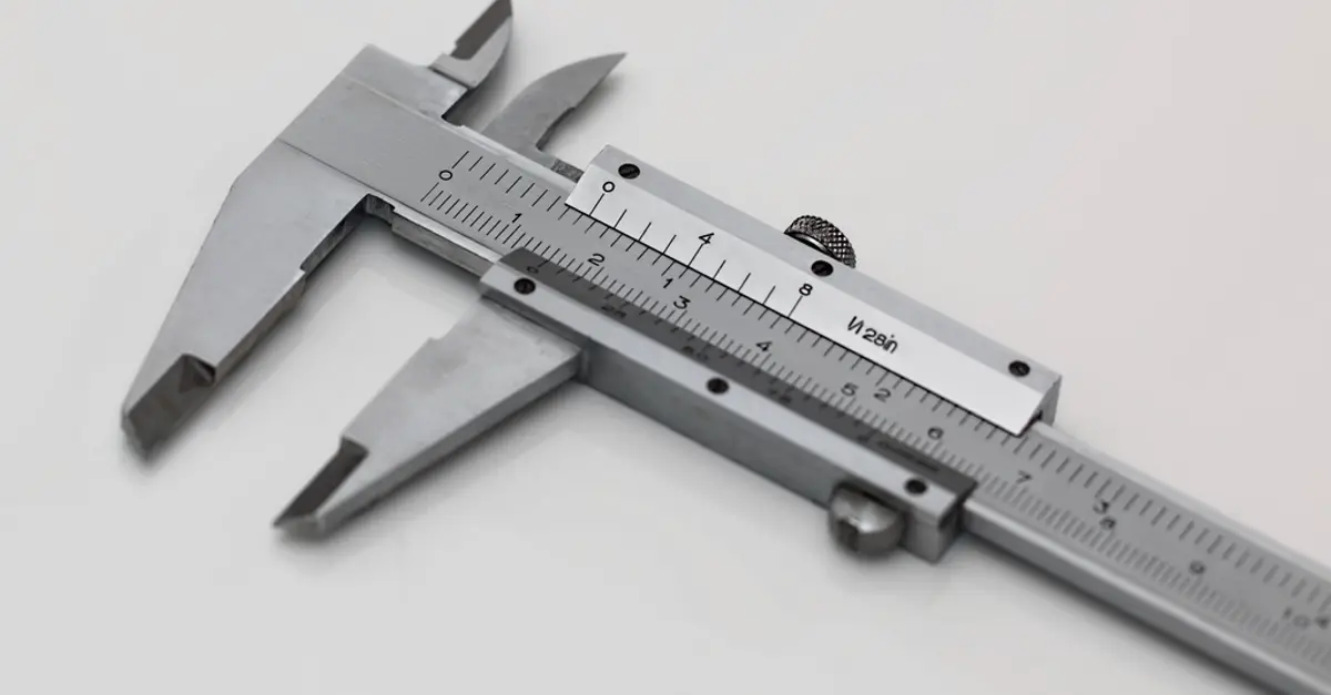 A steel vernier caliper on a white surface, the tool for measuring a part before accepting it