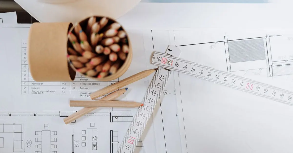 Pencils, a folding rule and a technical drawing, for checking object styles and line detail