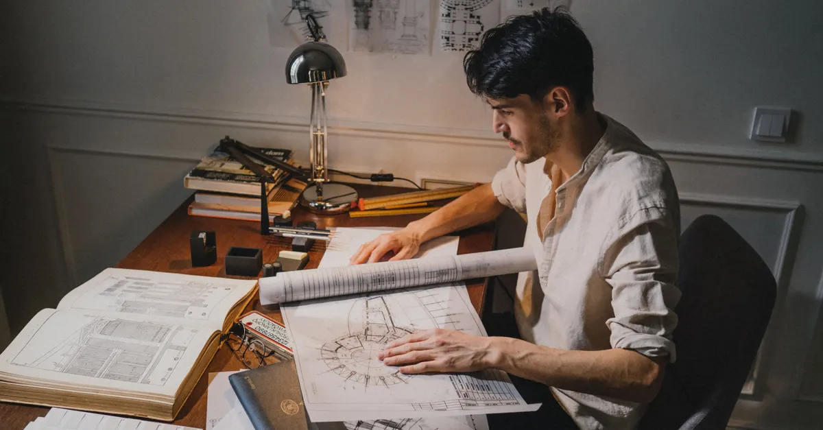A designer at a desk of drawings, deciding whether outside help for model QA/QC is worth it