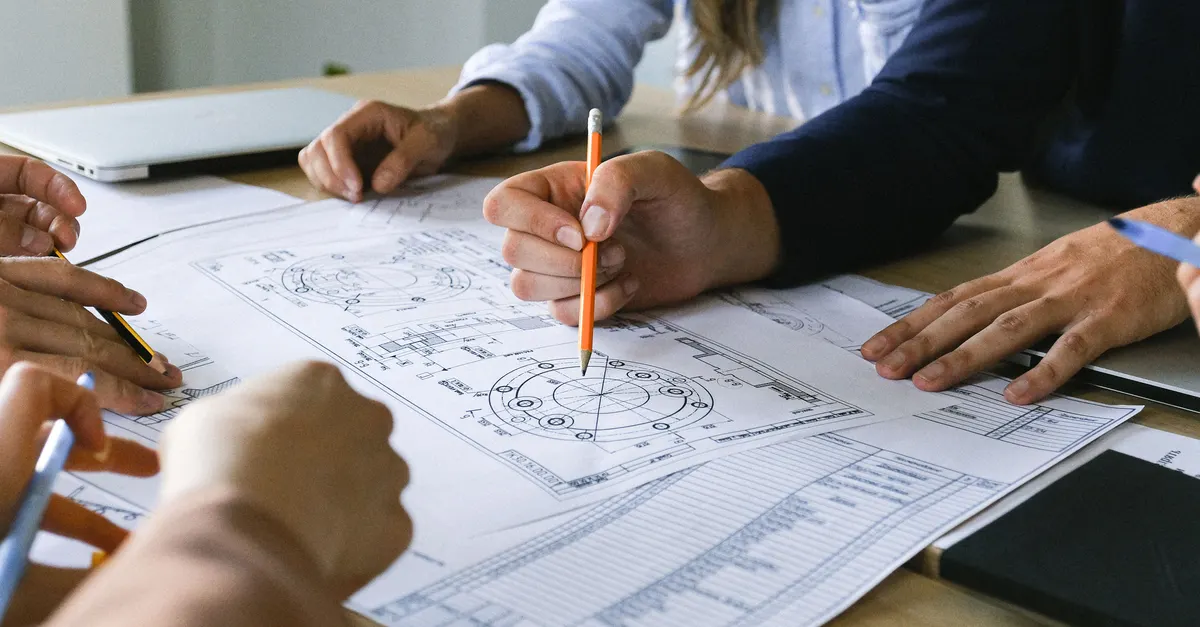 A team reviewing a technical drawing on a table, standing in for mapping a workflow before pricing a plugin