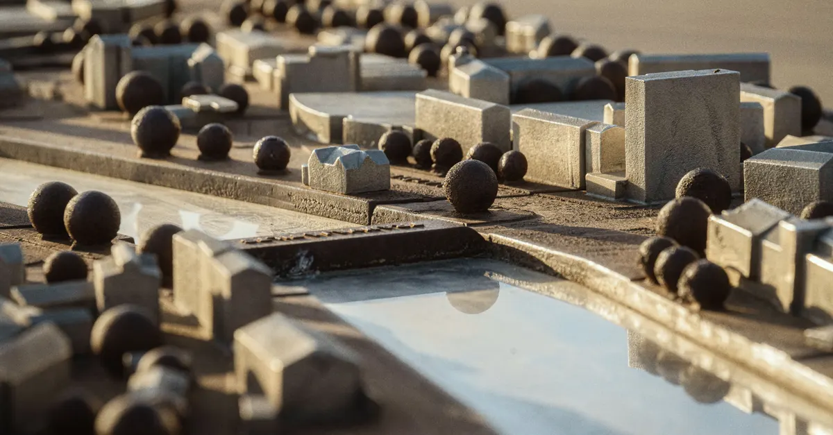 A city scale model built from simple building blocks and spheres for trees, repeated parts each made from one pattern