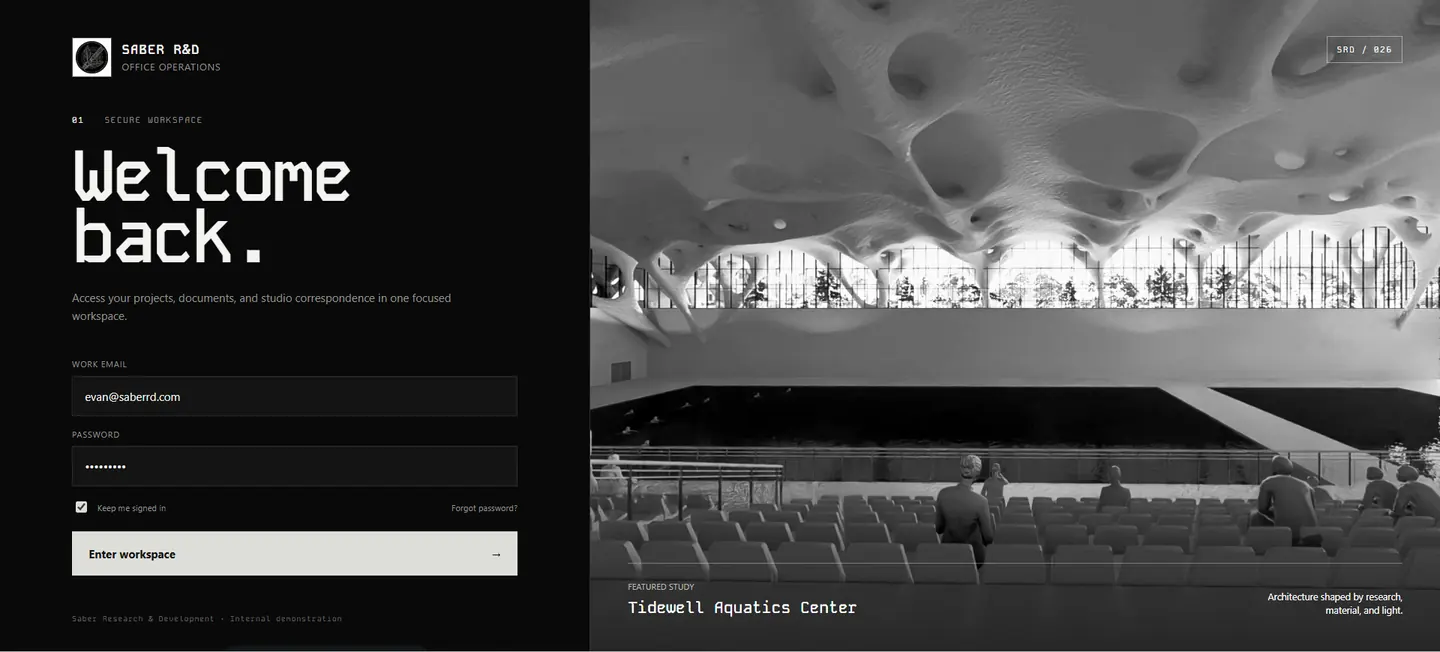 SABER R&D sign-in screen with the workspace form on a dark ground and a featured project study alongside