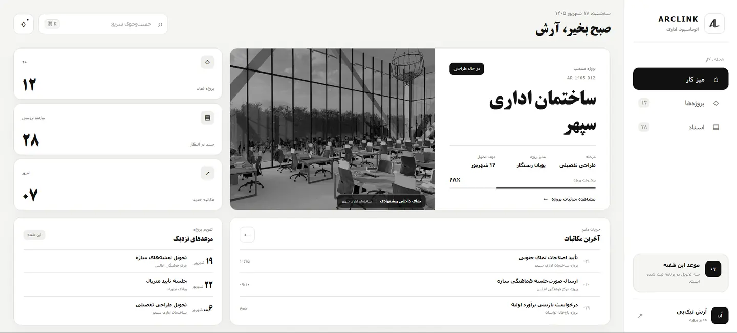 میز کار آرکلینک با کارت پروژهی منتخب، شمارندهی پروژههای فعال و اسناد، آخرین مکاتبات و موعدهای نزدیک